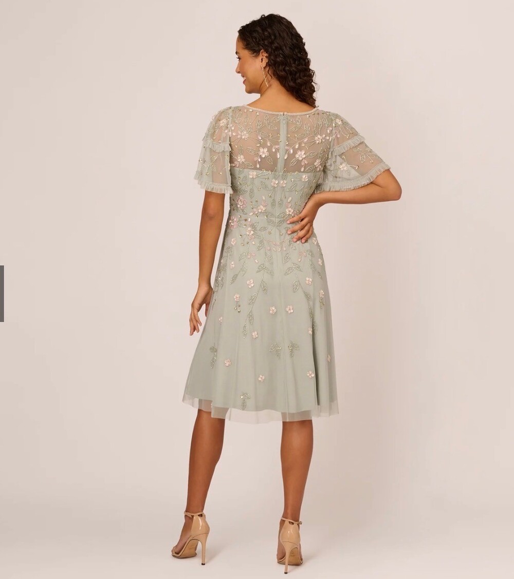 New Adrianna Papell Beaded Midi Dress With Sheer Ruffled Sleeves In Frosted Sage